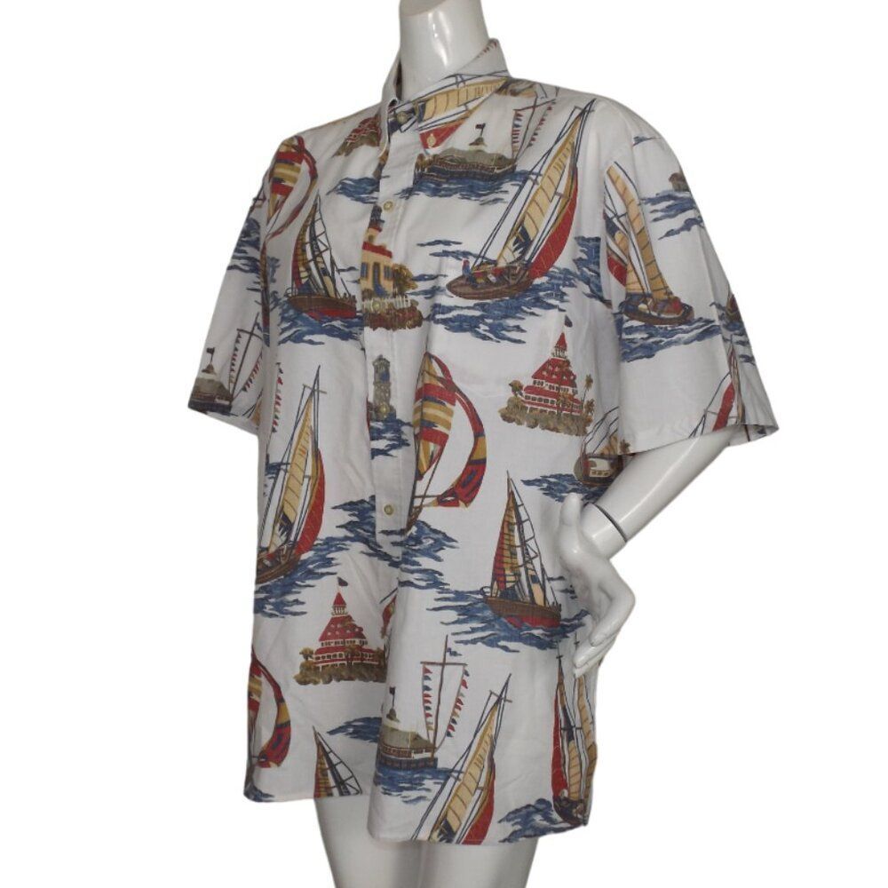 REYN SPOONER Hawaiian Shirt, XXL, White/Multicolor Sailboats, Cotton, Short slv - Picture 4 of 10